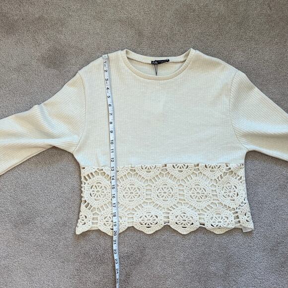 Zara Crochet Ribbed Knit Long Sleeve Top Size M Cream Cottagecore Boho NWT - Picture 8 of 8